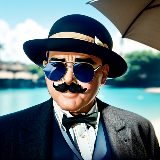 Poirot is shown in his vacation attire, staring pensively at the crime scene, his eyes hidden behind round sunglasses, reflecting the crime scene.